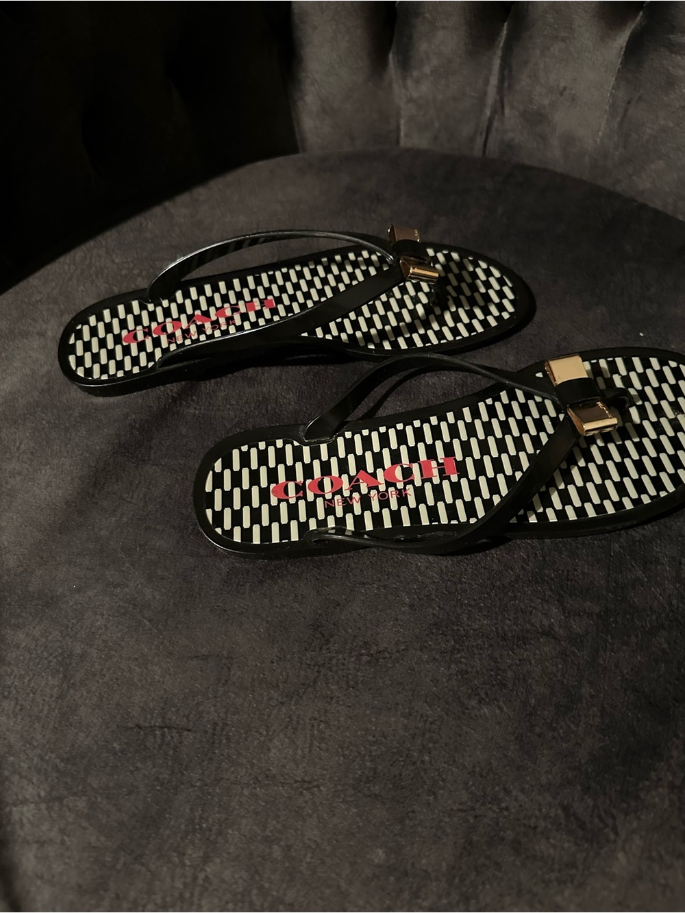 Coach Black Jelly Thong Sandals with Gold Bow Accent - Picture 4 of 7